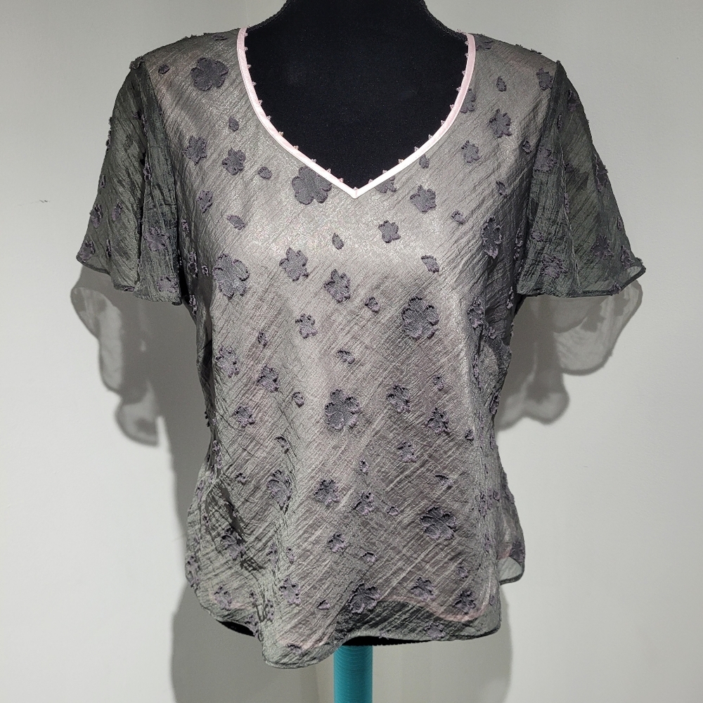 Jacques Vert Women's Floral Sheer Silk-Look Short Sleeve Blouse 10 Grey Pink